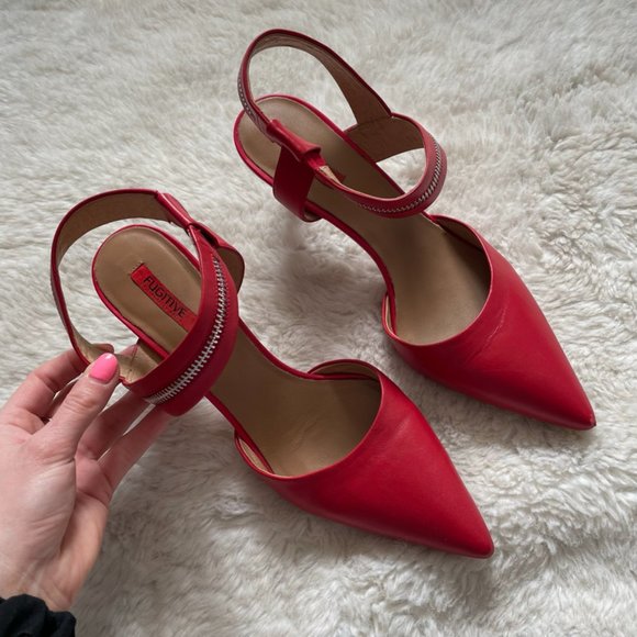 Fugitive By Francesco Rossi Red Leather Zipper Ankle Strap Point Toe Heels Pumps - Picture 2 of 5